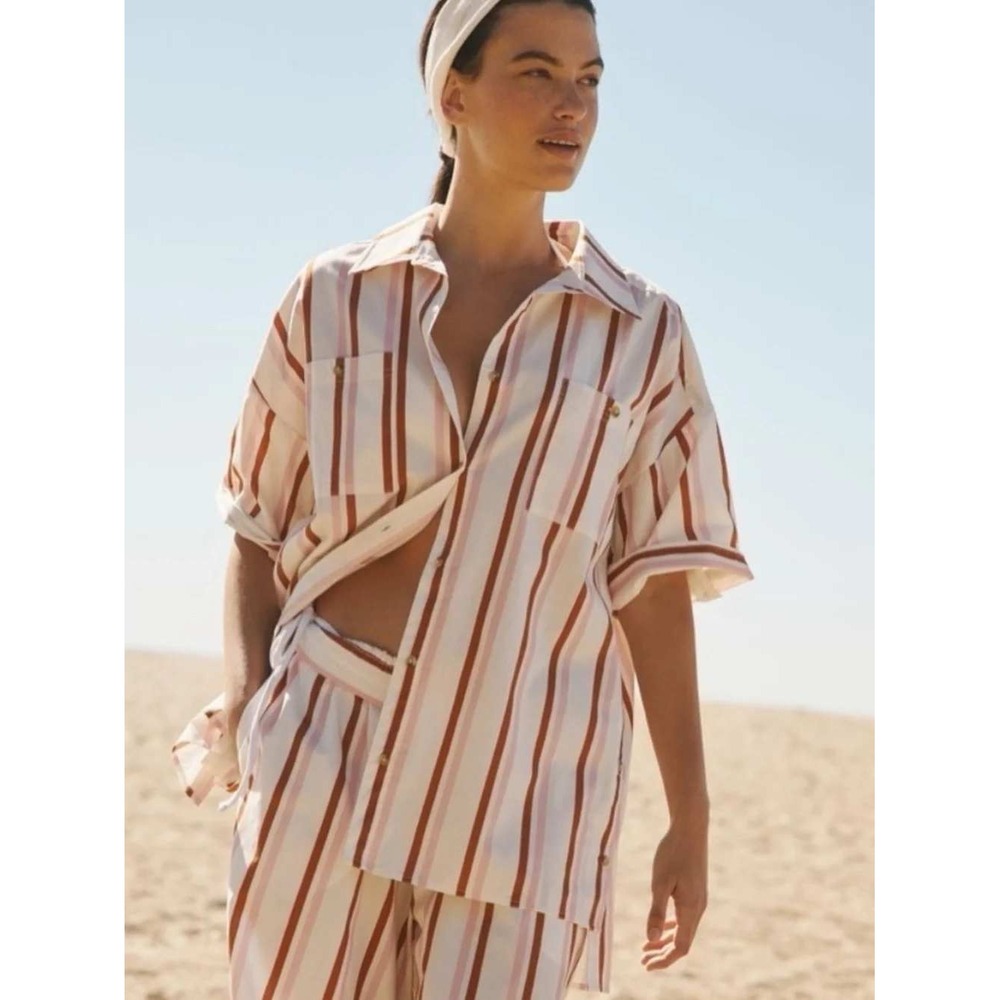 Anthropologie‎ Boxy Button Down Poplin Shirt Size M Stripe Pink White Oversized